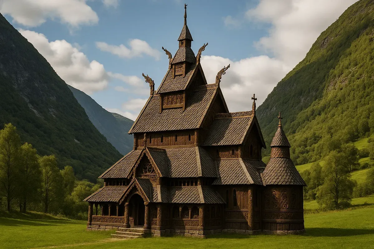 A well-preserved Norwegian stave church with ornate wooden details, set against a scenic mountain backdrop.