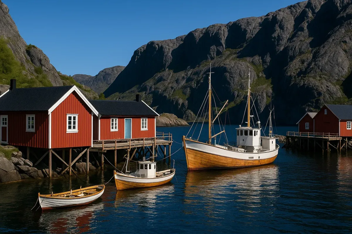 Traditional rorbu cabins and fishing boats in Nusfjord under clear blue sky