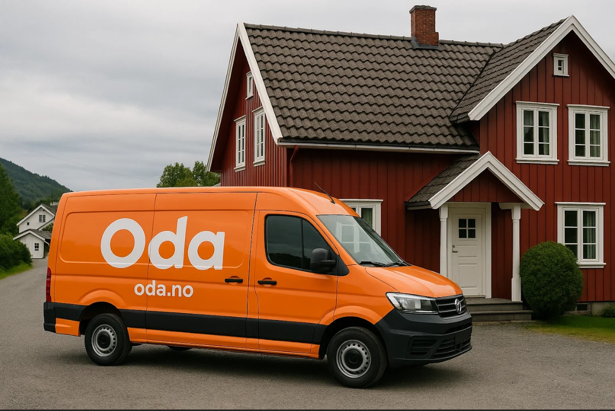 An Oda.no grocery delivery van parked outside a residential house in Norway.