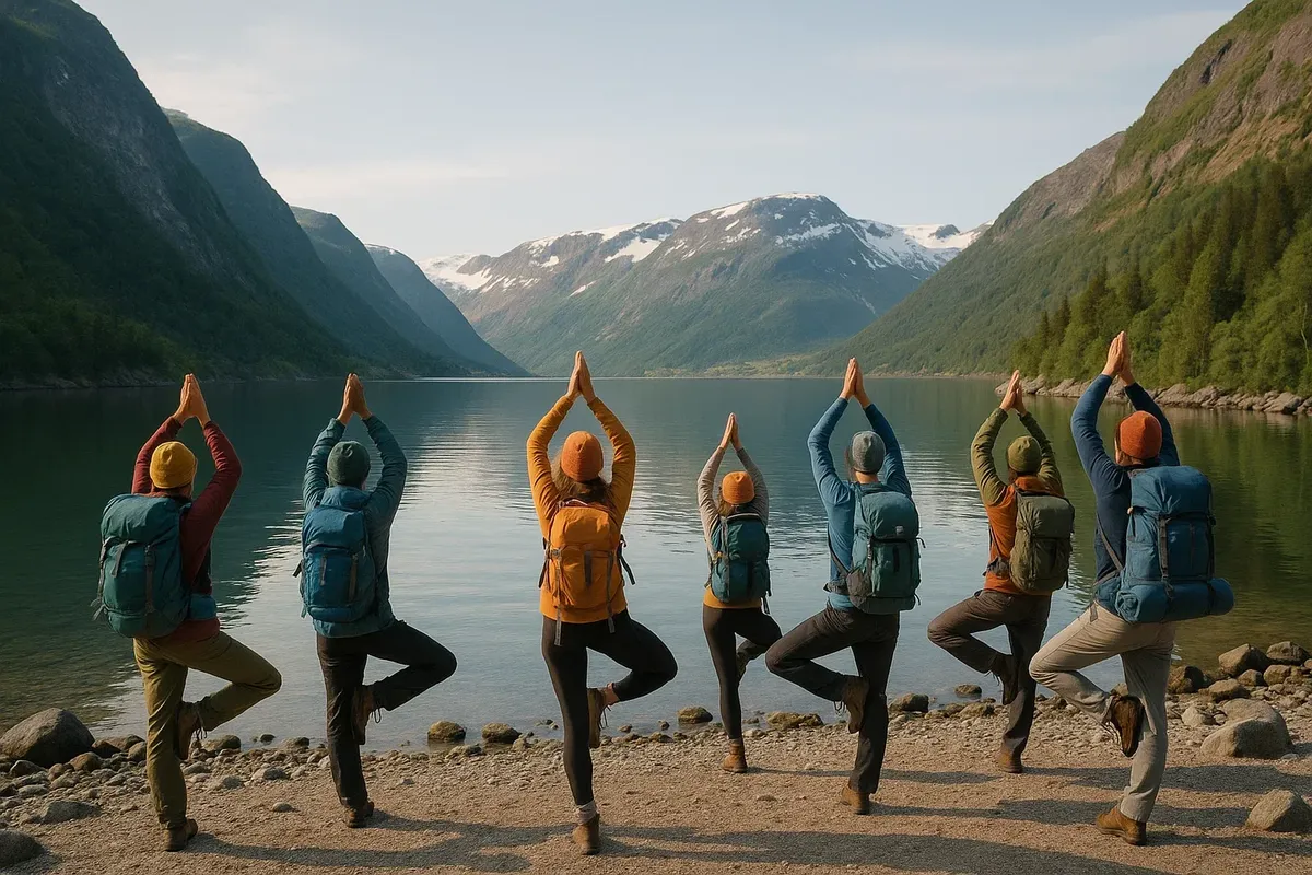Group yoga practice by the fjord in early morning light