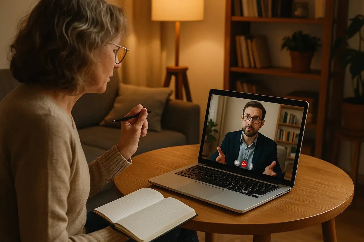 Online psychological counseling session between a tourist and a licensed psychologist in Norway using telehealth.