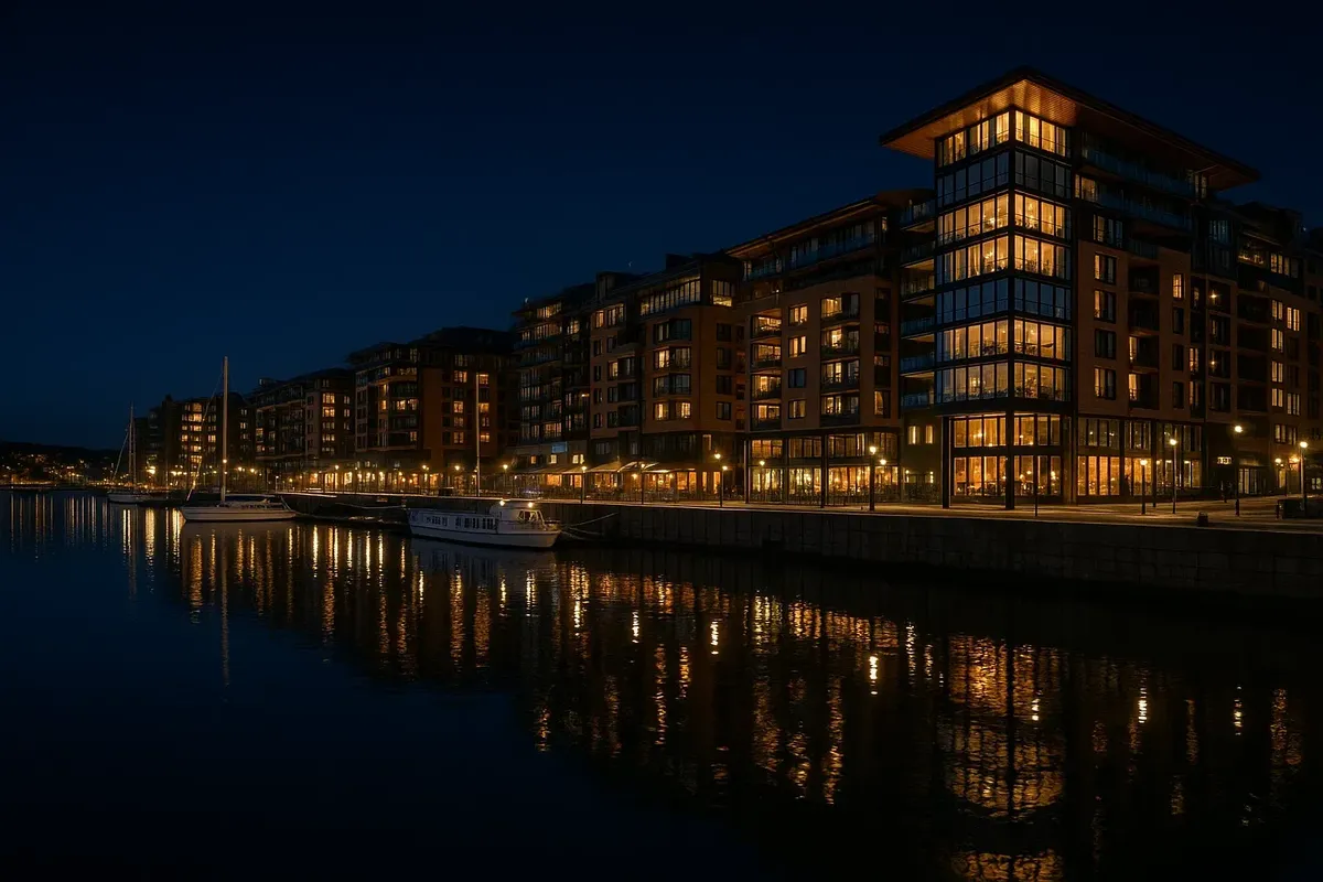 Beautifully lit Aker Brygge in Oslo at night with restaurants, boats, and city lights reflecting on the fjord