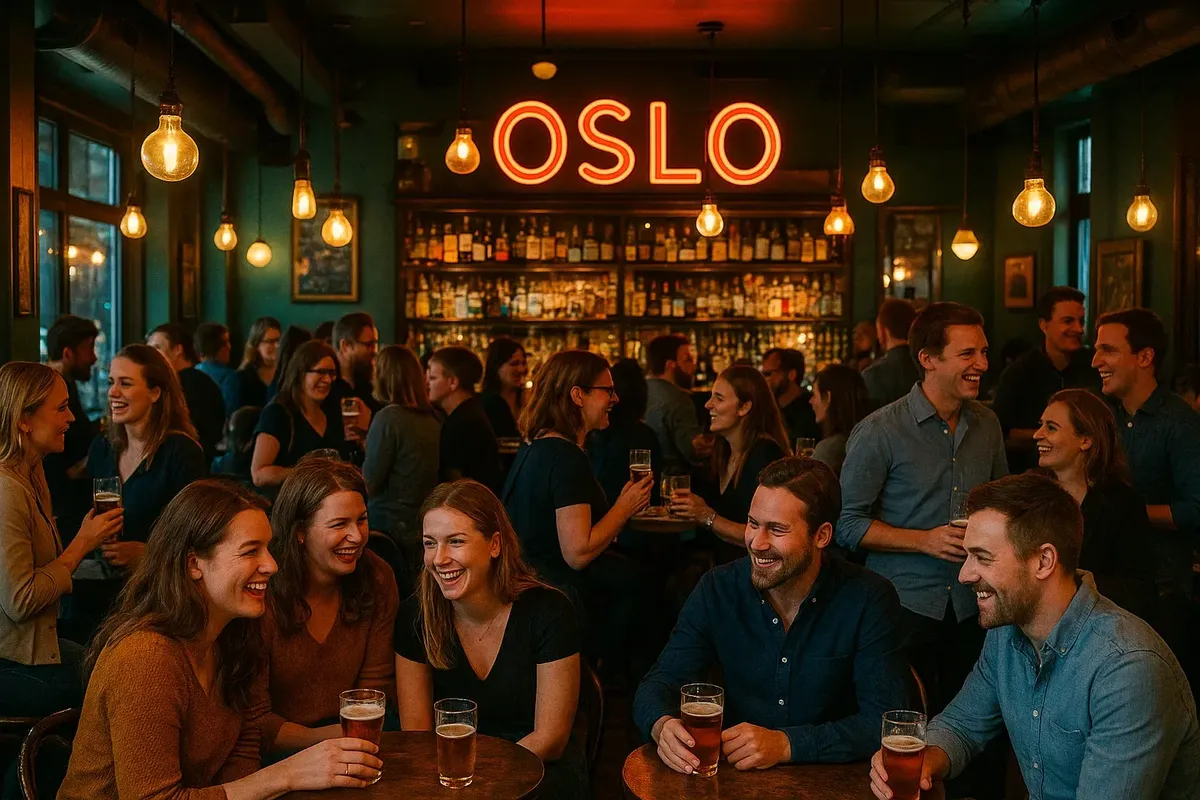 Cozy bar in Oslo with patrons enjoying beers and cocktails, warm lighting, happy atmosphere