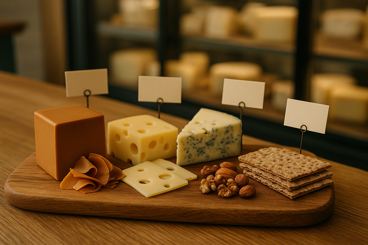 Oslo cheese-shop tasting board with brunost, Jarlsberg and Kraftkar.