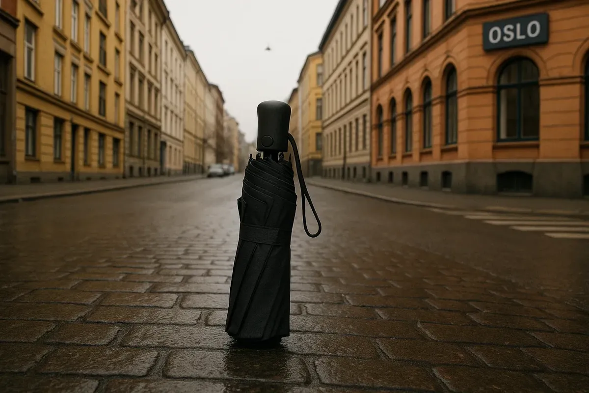 Small foldable umbrella being used during light rain in a calm Oslo city street