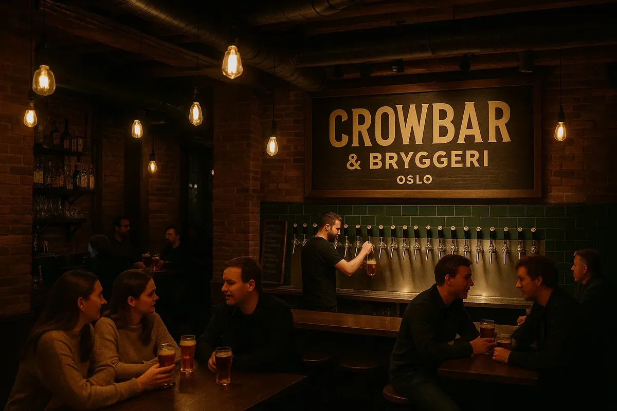 Cozy industrial-style interior of Crowbar & Bryggeri in Oslo, with a row of beer taps, wooden tables, and people tasting craft beers