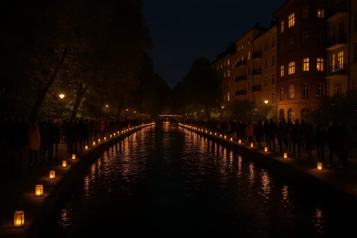 Scenic Oslo night river path lit with thousands of lanterns and torches during Elvelangs light festival