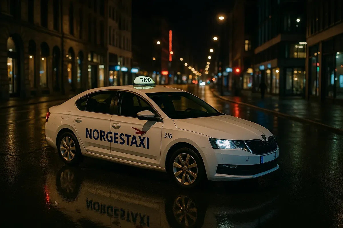 Safe licensed taxi (Norgestaxi) waiting for passengers at night in downtown Oslo