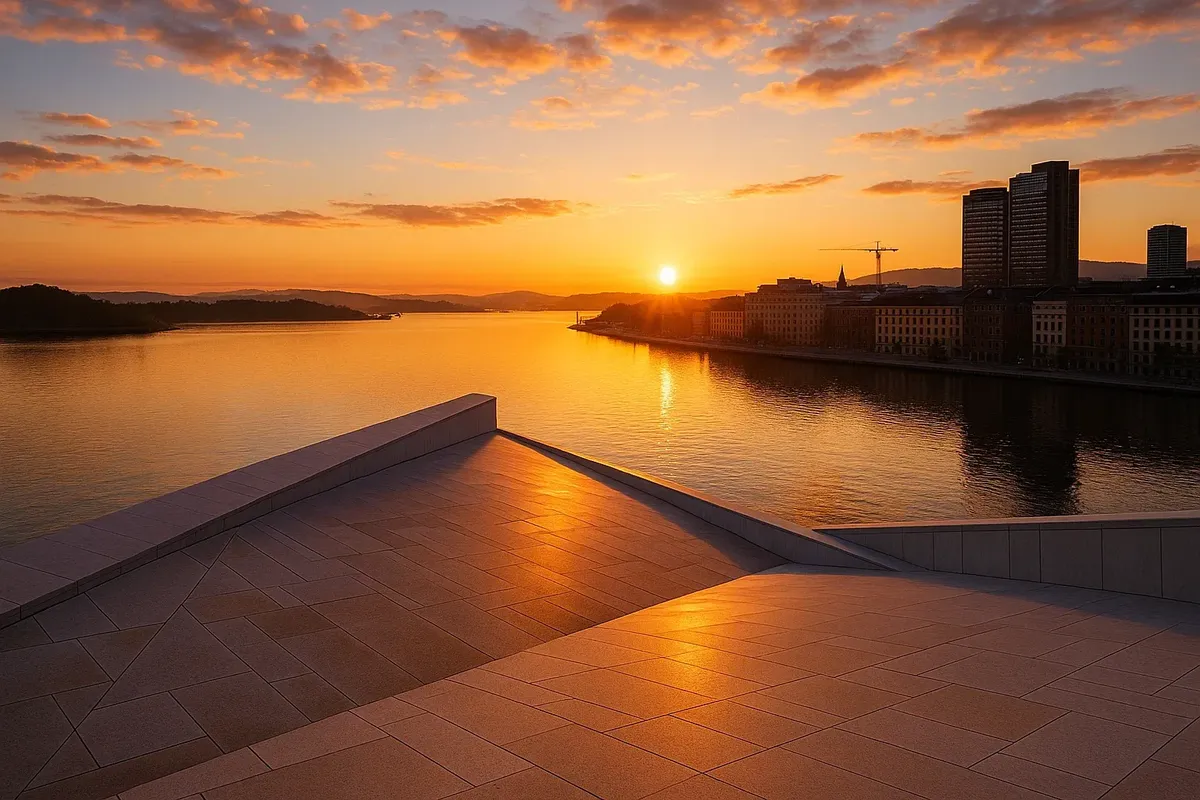 Warm morning sunlight over Oslofjord as seen from the rooftop of Oslo Opera House, with calm water and soft pastel sky