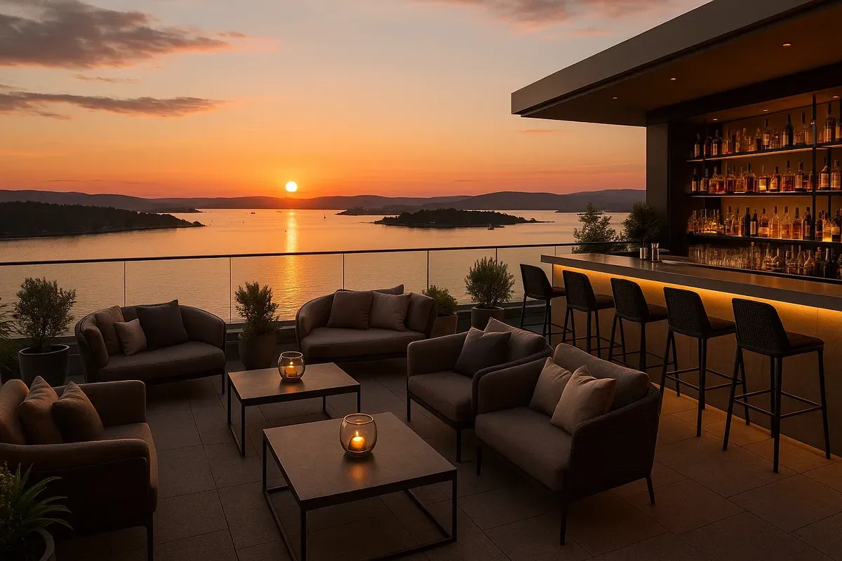 Elegant rooftop bar overlooking Oslofjord at sunset, with stylish seating and guests enjoying cocktails