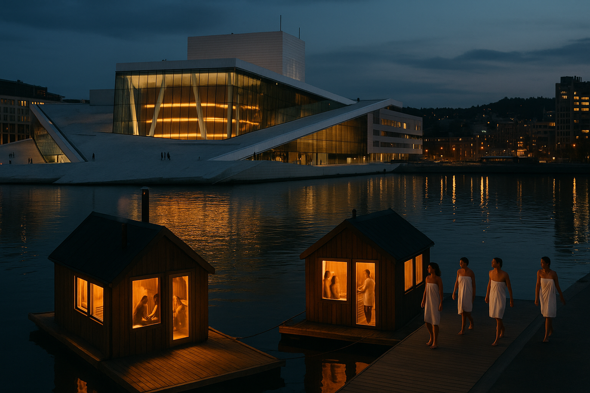 Flytende badstuer ved Operaen i Oslo om kvelden