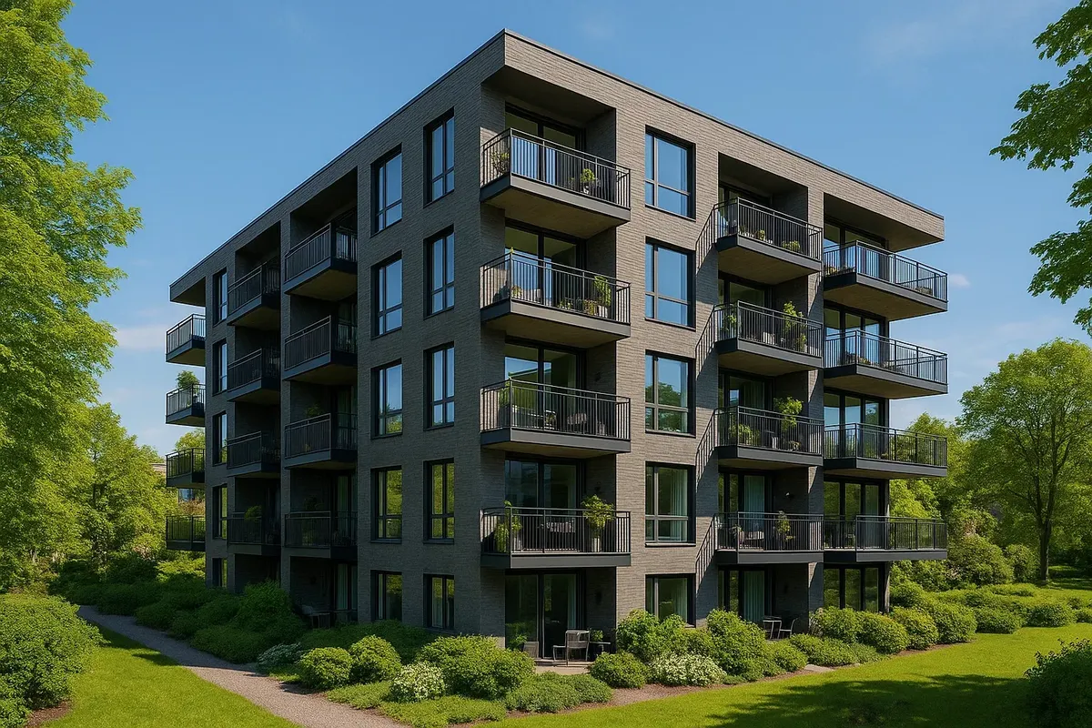 A modern apartment building in Oslo with balconies, trees, and clean streets in the background.