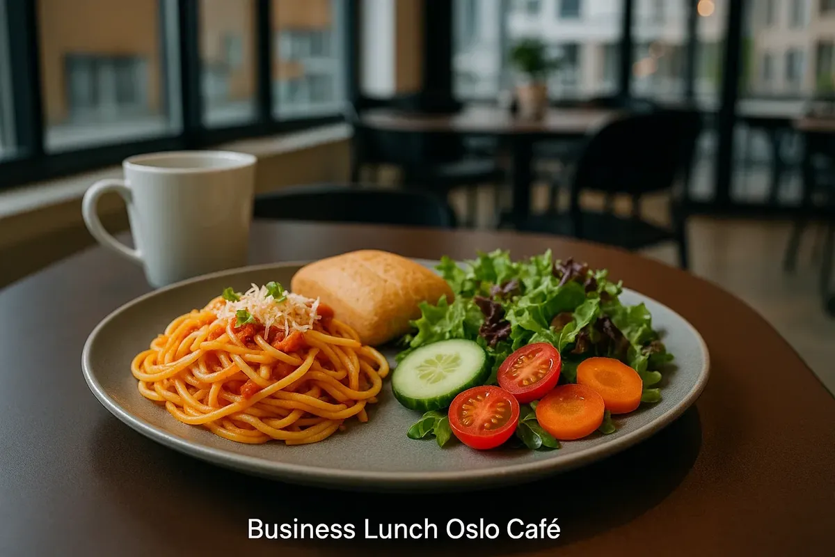 A business lunch meal with pasta and a small salad served in a modern café in Oslo.