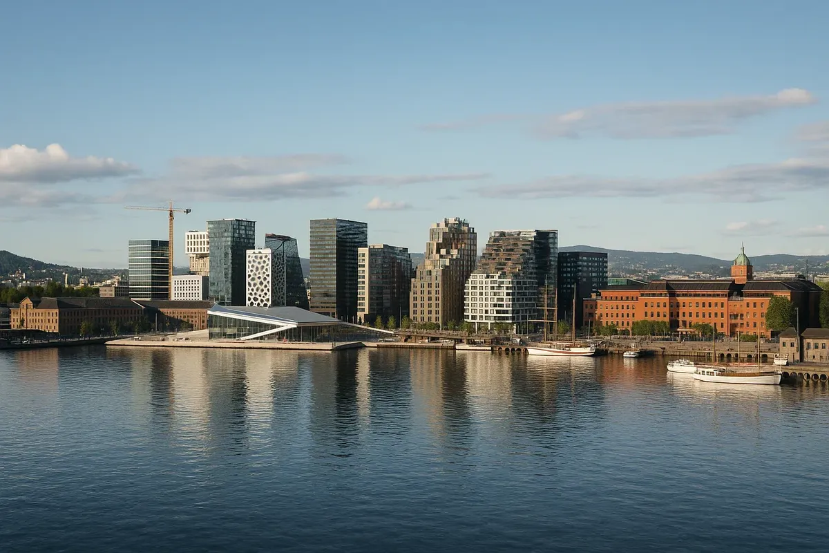 A panoramic view of Osloâs waterfront with modern architecture, showcasing the cityâs central area and harbor.