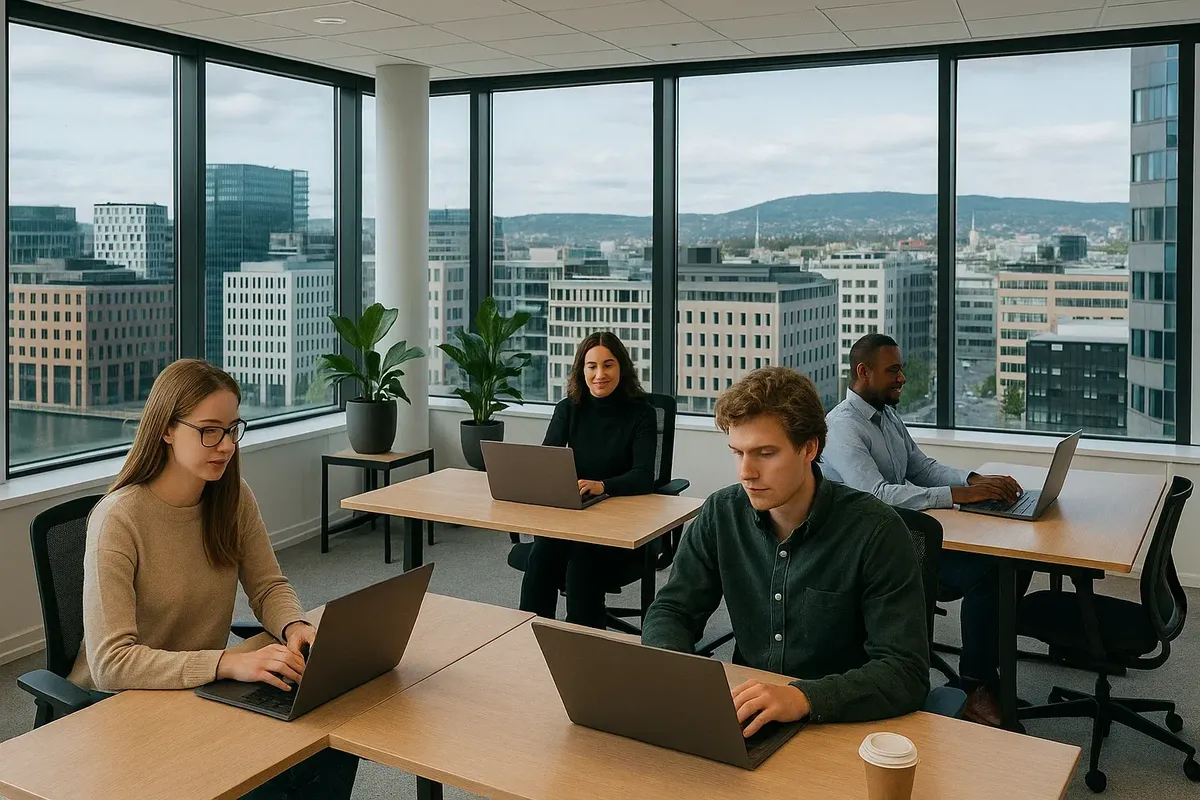 A bright and modern open-space office in Oslo with employees working on laptops and collaborating.