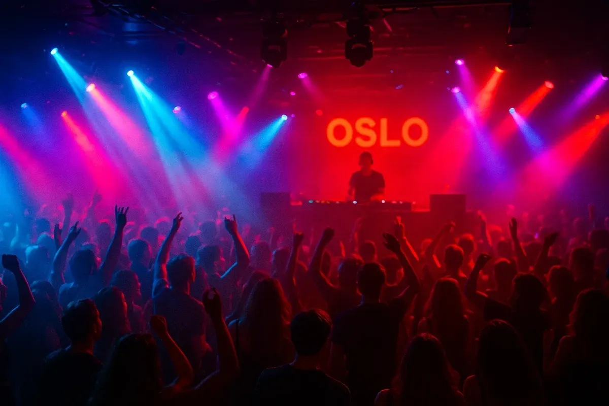 A lively nightclub scene in Oslo with a packed dance floor, colorful lights, and a DJ playing music.