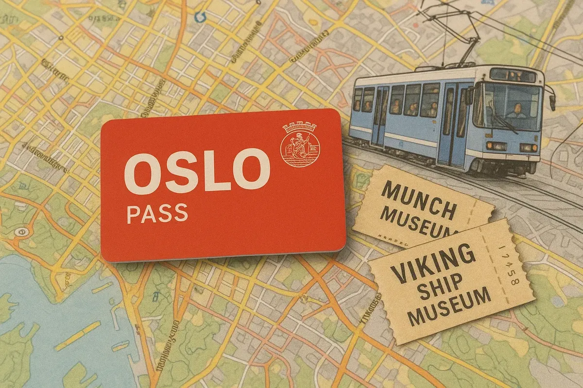 An Oslo Pass card on top of an Oslo city map, surrounded by museum tickets and a tram passing in the background.