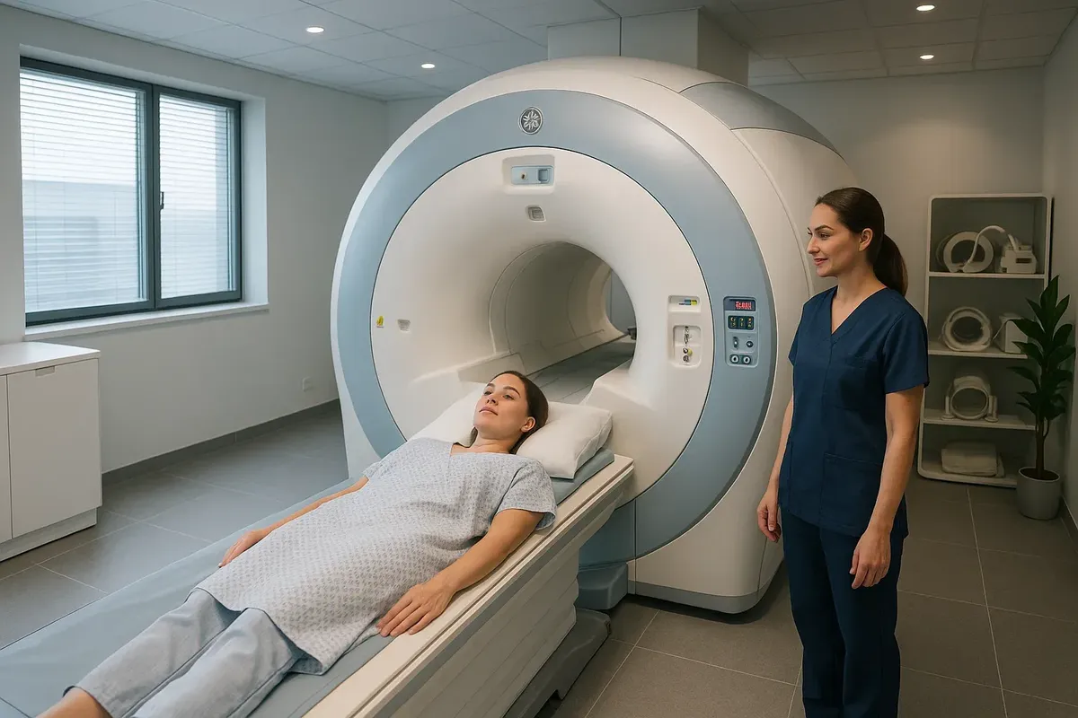 MRI scanner in a private Oslo clinic, showing a patient lying on the table ready for imaging.