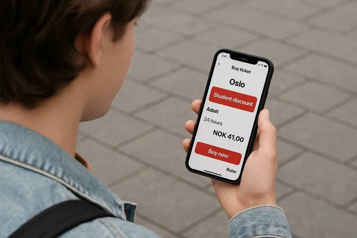 A student purchasing a discounted Ruter public transport ticket on a smartphone in Oslo.
