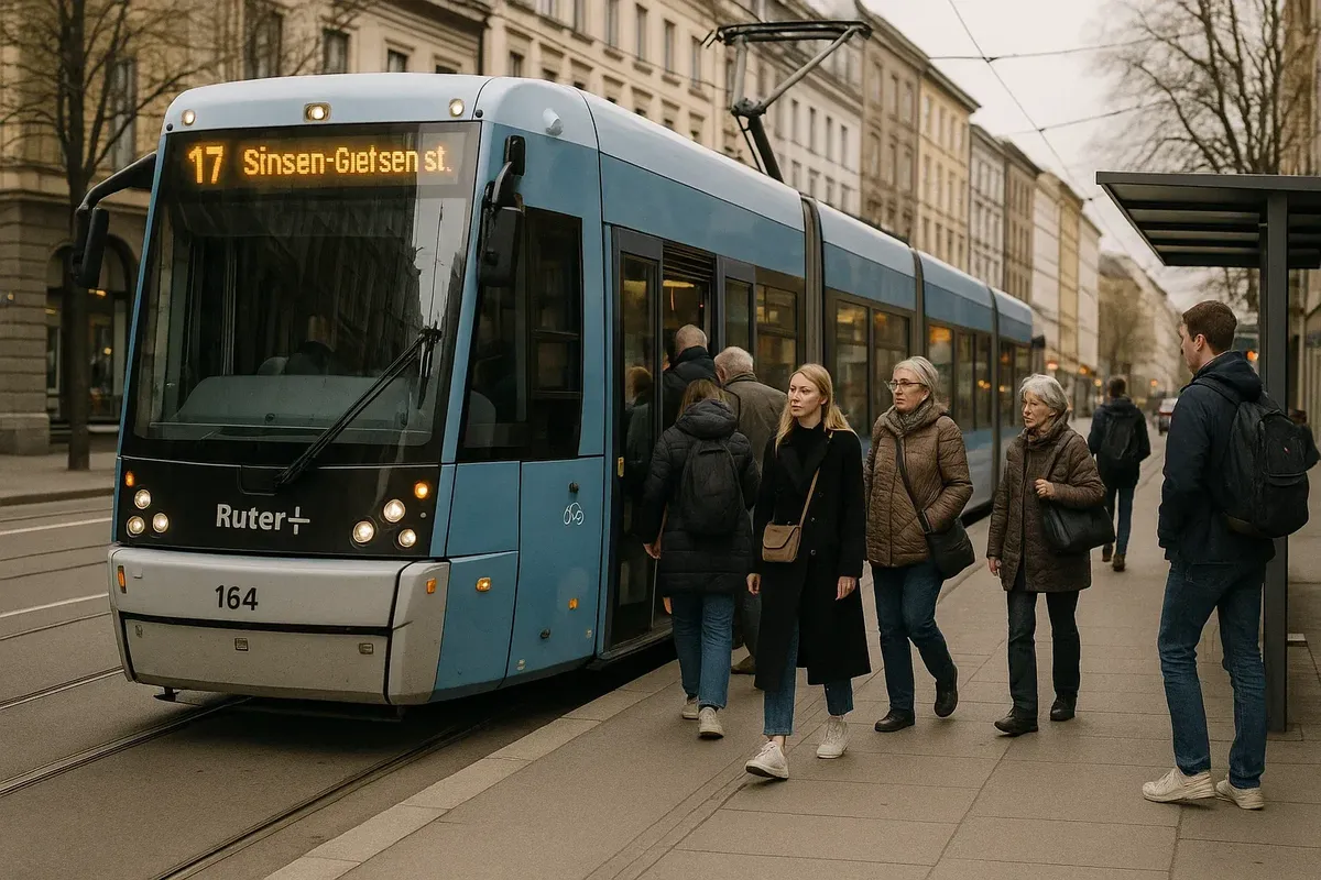 A modern Oslo Ruter tram with passengers boarding at a central city stop.
