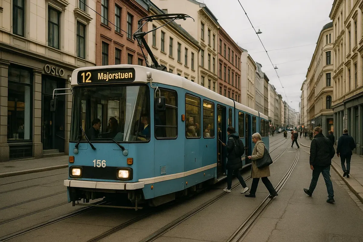 A tram in Oslo city center with passengers boarding, representing public transportation in Norway.