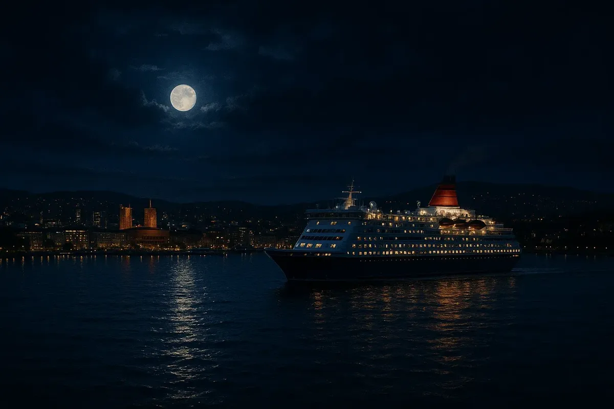 Romantic night cruise in Oslofjord with illuminated city skyline and calm water reflections