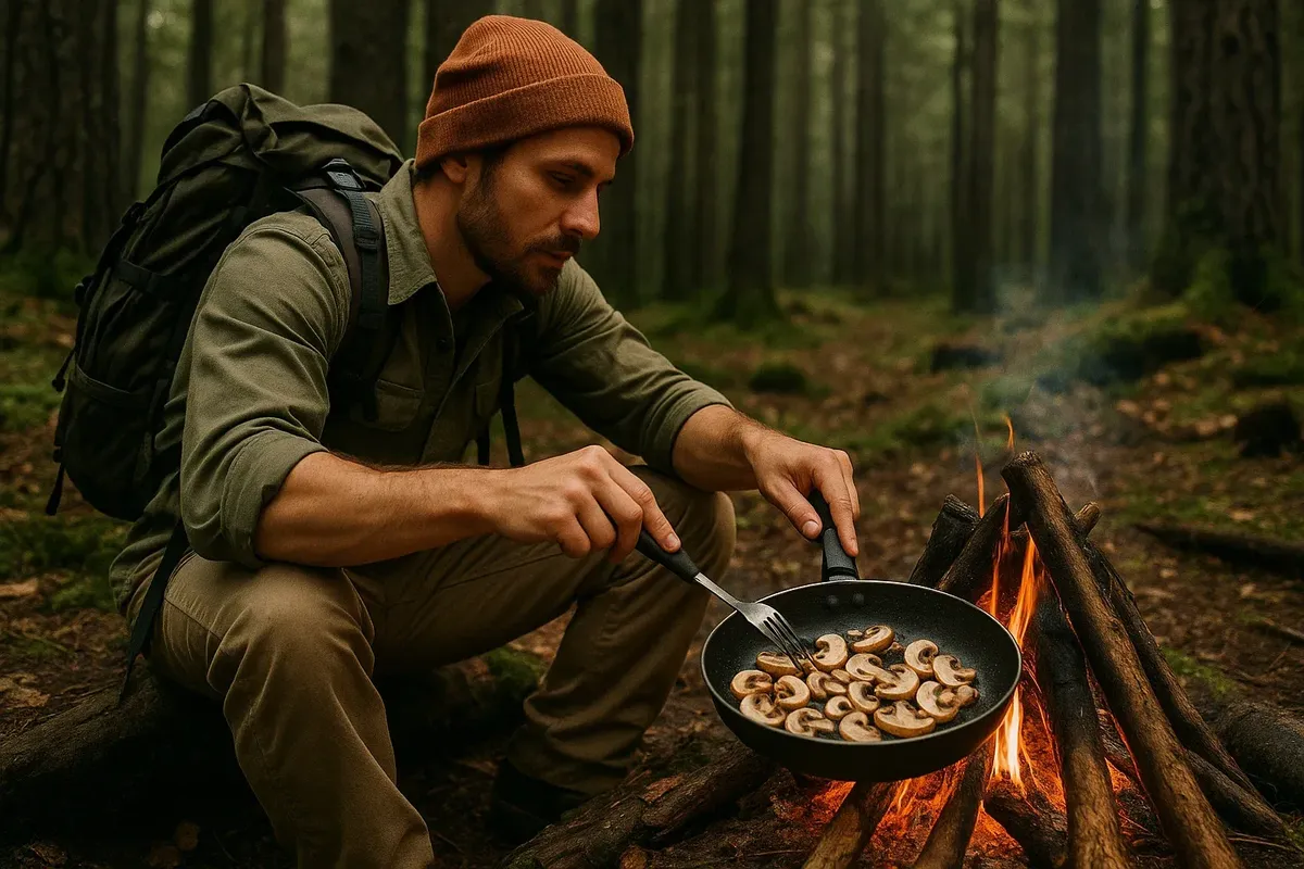 Outdoor cooking of freshly picked mushrooms on a small pan with fire