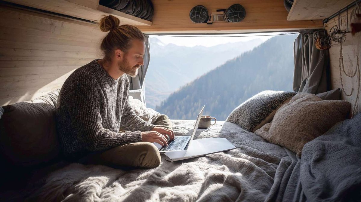 A man works on a laptop inside a camper van with a mountain view in Norway