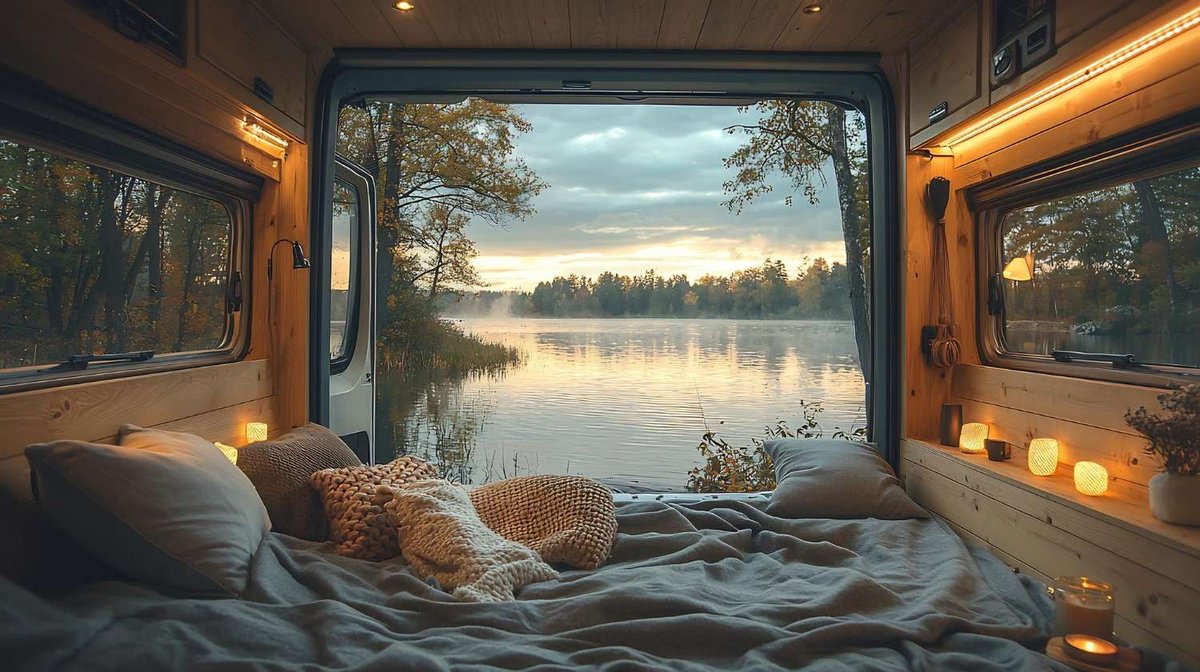 The interior of a camper van opens to a lake and forest view in Norway.