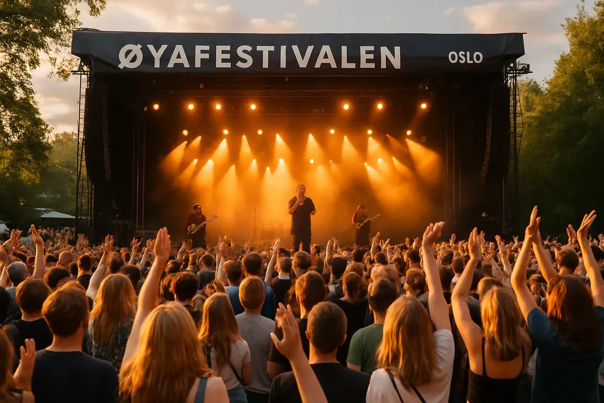 Large crowd enjoying an outdoor concert at Øyafestivalen in Oslo with a brightly lit stage in the background.
