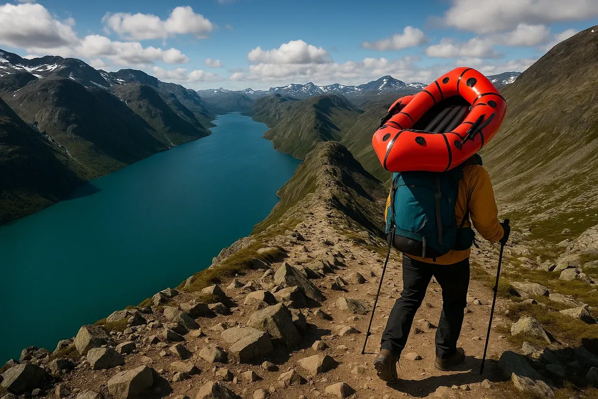 A scenic view of a hiker with a rolled packraft on their back traversing Besseggen ridge, turquoise lake on one side, dark blue lake on the other