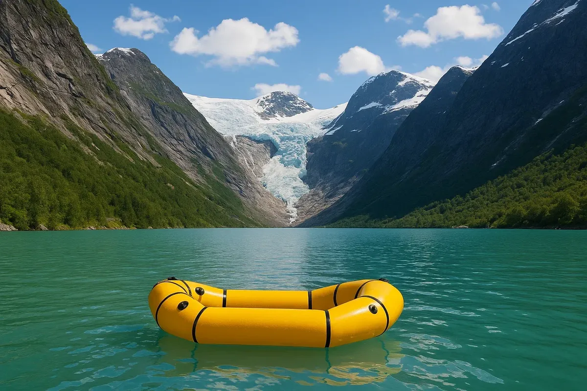 A lone packrafter paddling close to the shore of a glacial lake at Briksdal, surrounded by ice and rock