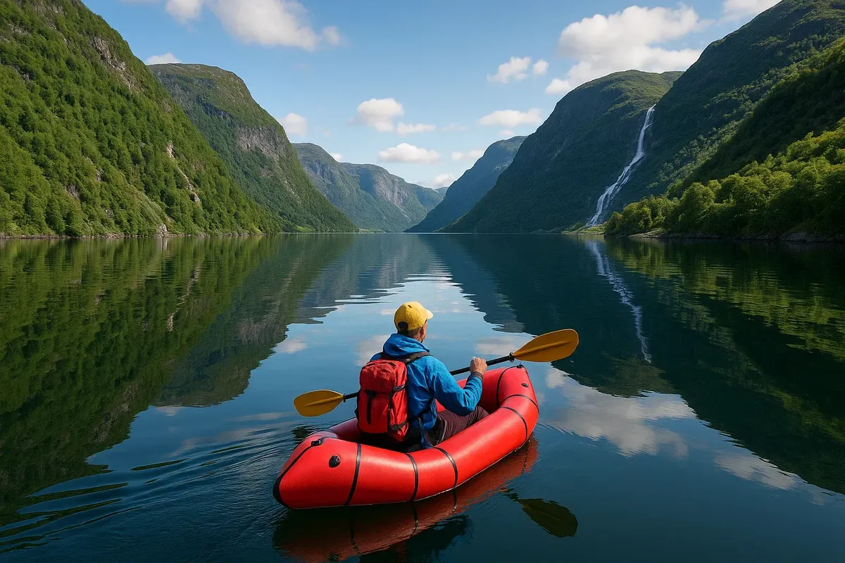 Peaceful scene of packrafting on Hardangerfjord with reflections of mountains and waterfalls in still water