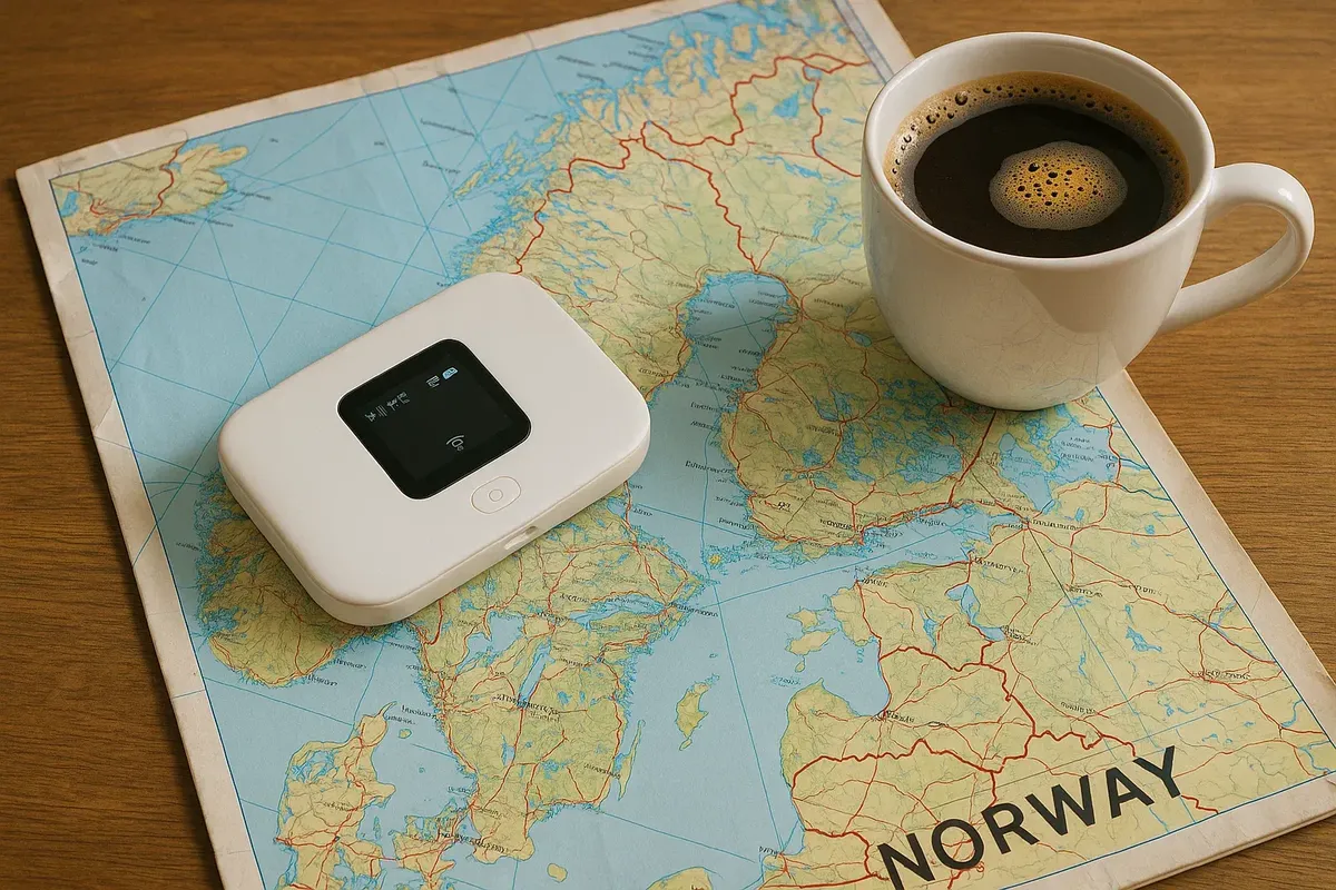 A pocket Wi-Fi router placed on a Norway travel map with a coffee cup, symbolizing mobile internet access for travelers.