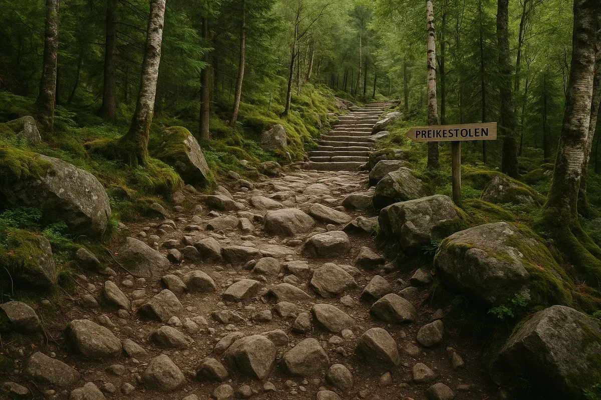 Rocky trail through forest and stone steps on the Preikestolen hiking route