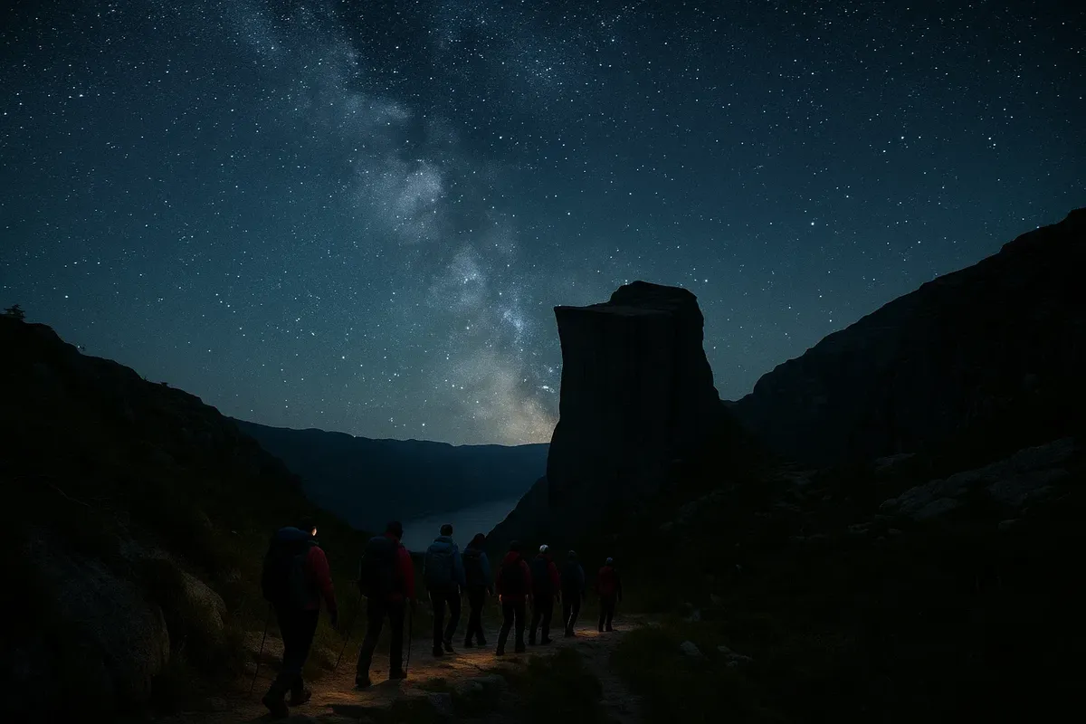 Group of hikers approaching Preikestolen cliff at night under a star-filled sky