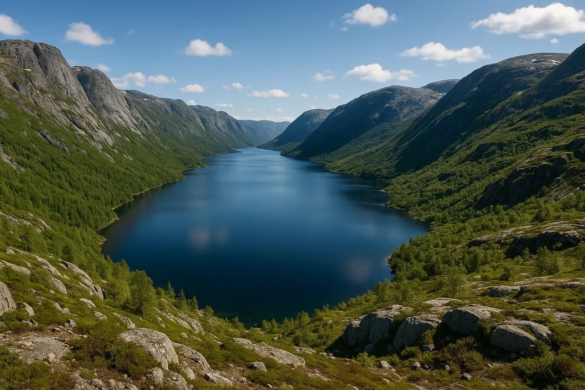 Panoramic shot from halfway viewpoint showing Refsvatnet lake and surrounding mountains