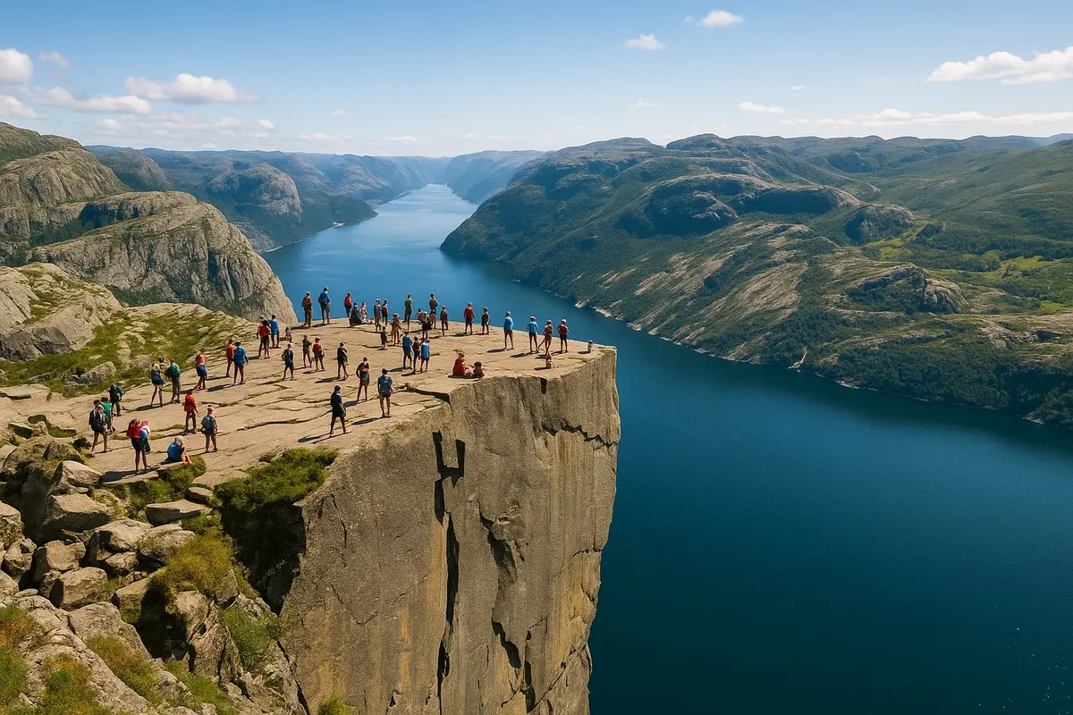 The iconic Preikestolen cliff towering over Lysefjord, with tourists enjoying breathtaking panoramic views in summer sunlight.