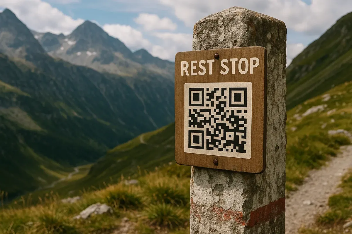 Tourist scanning a QR-code on a historic Norwegian-Swedish border marker