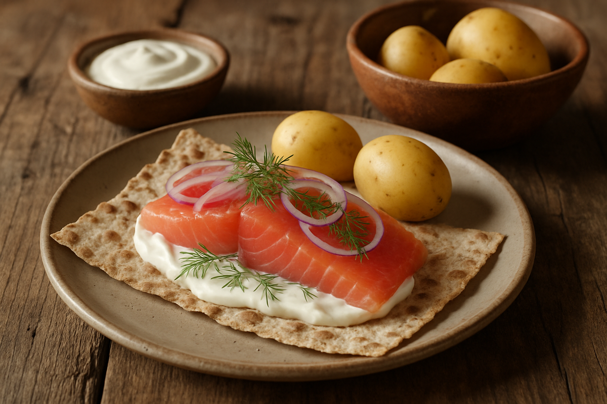 Hero shot of classic rakfisk service: fermented trout on flatbrød with rømme, onions, dill and boiled potatoes in a cozy Nordic setting.