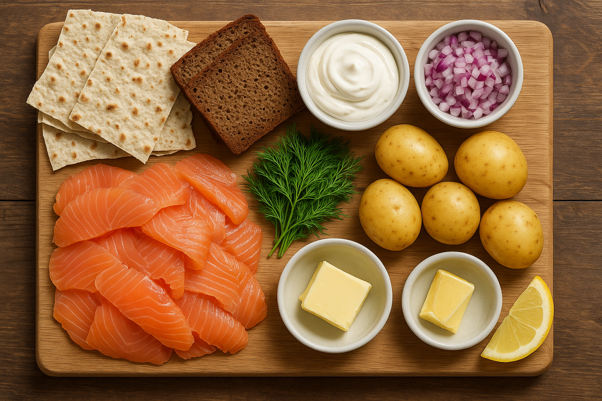 Clean overhead “how to eat” layout showing all typical rakfisk accompaniments ready to assemble.