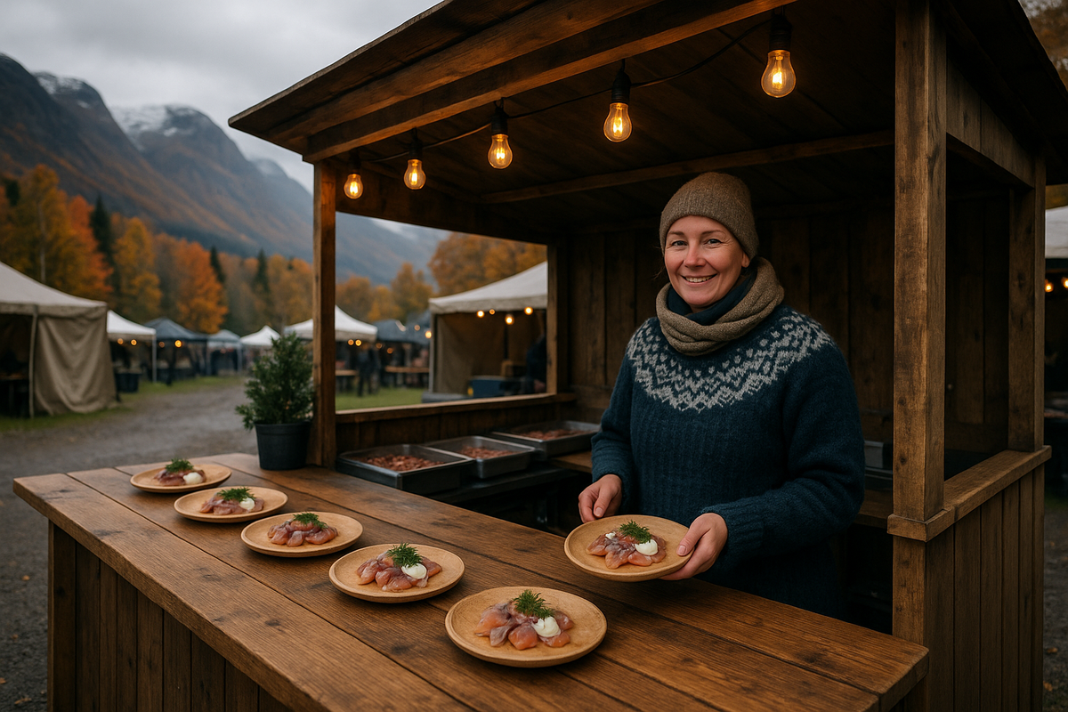 Atmospheric scene capturing how rakfisk is served at festivals or Oslo/Bergen restaurants—small tasting plates with classic sides.
