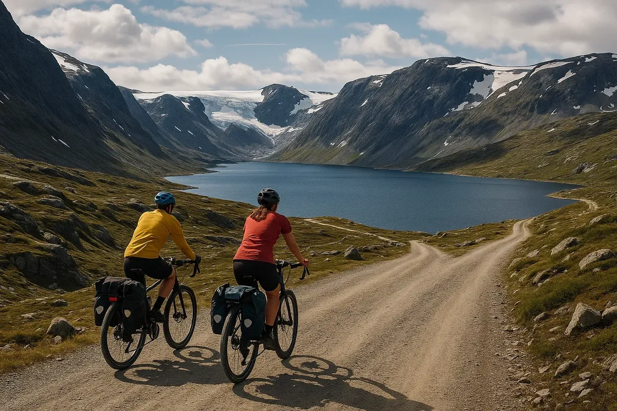 Cyclists riding on gravel road of Rallarvegen with mountains, glacier, and lake in background