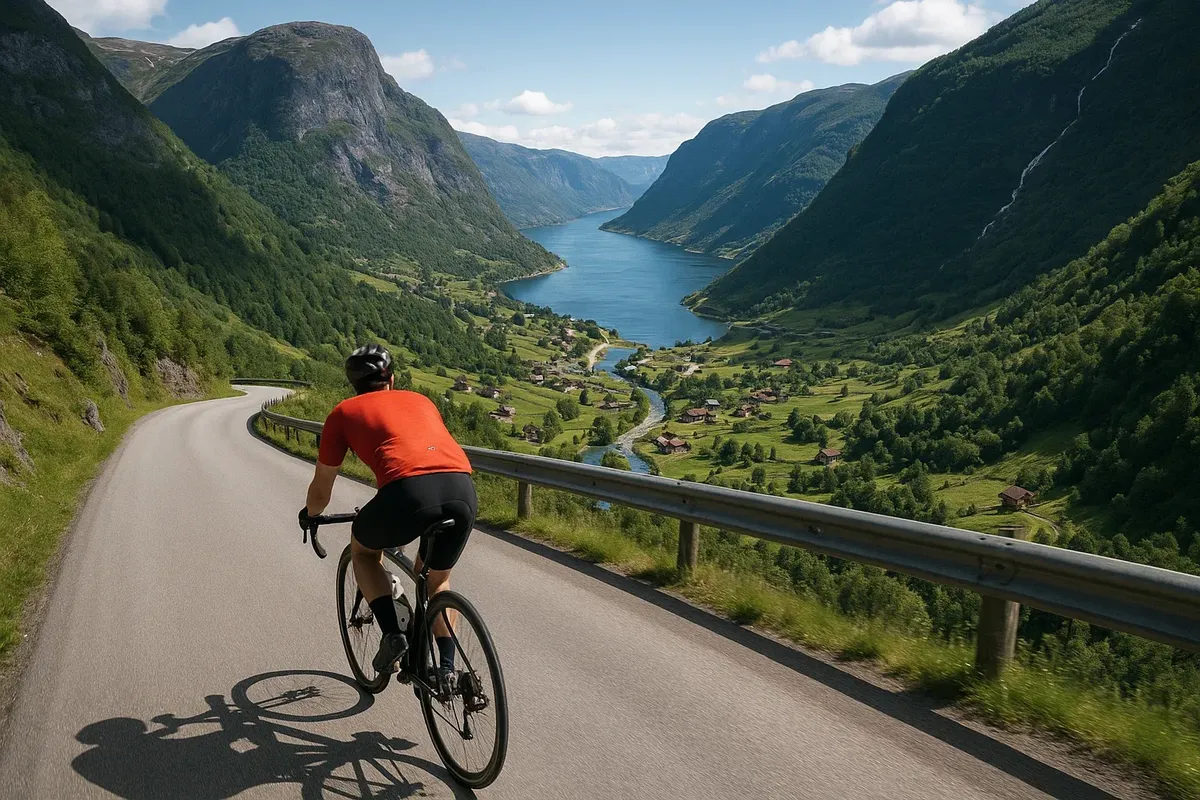 Cyclist descending towards Flåm with panoramic view of valley and fjord in the distance