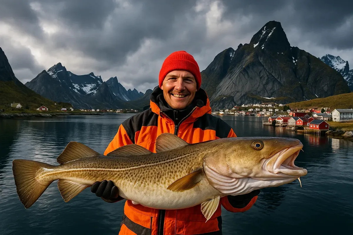 Angler holding large cod in Reine with dramatic Lofoten mountains in background