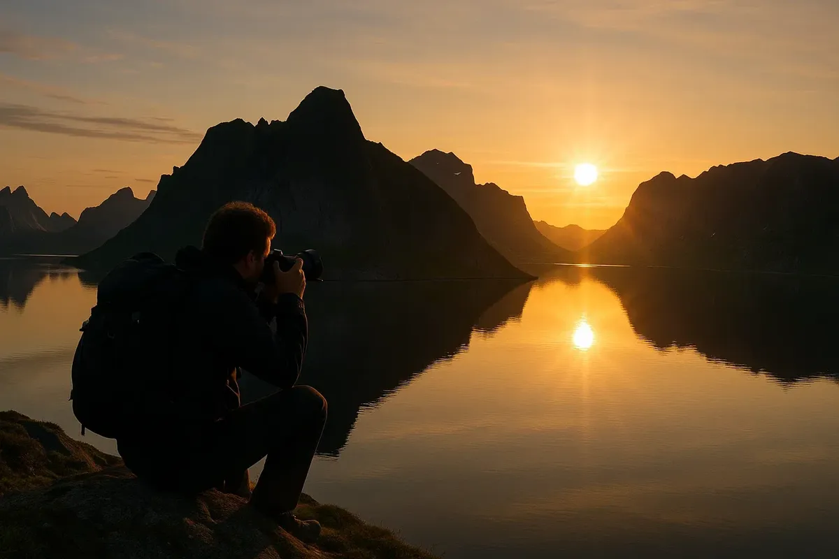 Stunning midnight sun shot at Reinebringen with reflections in fjord