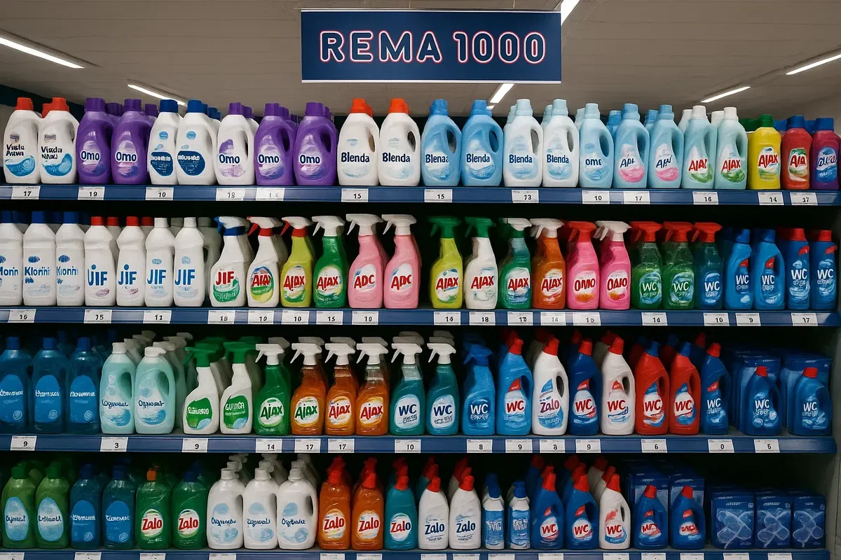 A Rema 1000 supermarket aisle in Norway displaying household cleaning products like detergent and dishwashing liquid.