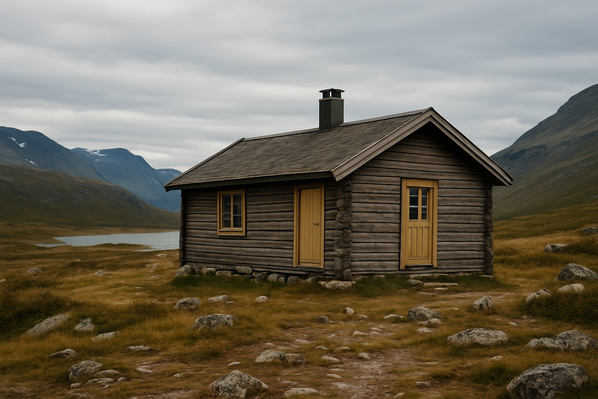 A secluded wooden cabin nestled in the remote highlands of a Norwegian national park, surrounded by silence and serenity.