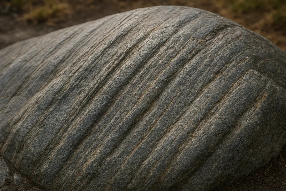 Glacially polished rock with striations, showing ice movement marks