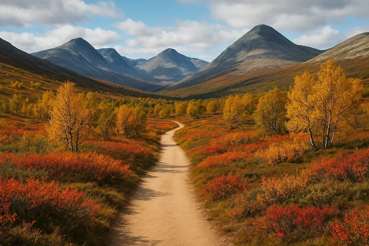 Wide gravel trail in Rondane mountains with gentle slopes and golden autumn vegetation